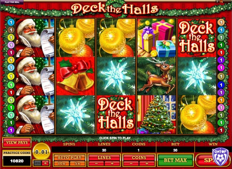 Hình ảnh nền đỏ với các hình trang trí vui nhộn khiến Deck the Halls hấp dẫn hơn