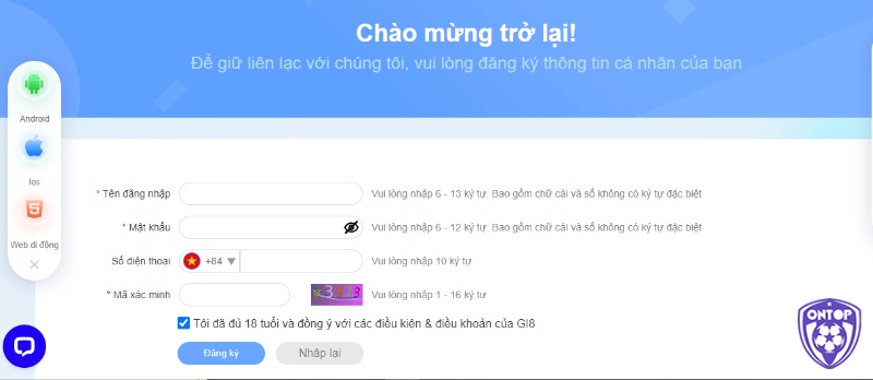 Cược thủ điền thông tin cá nhân vào web cược