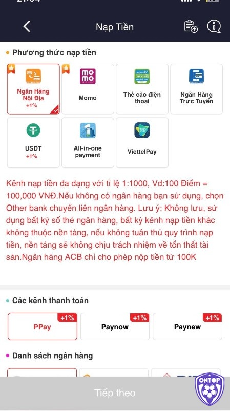 Nạp tiền tại web cược với đa dạng phương thức 