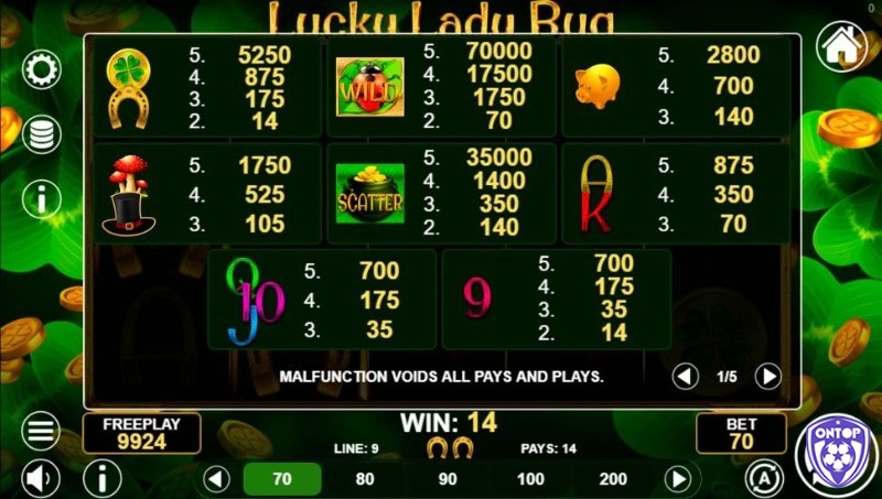 Các biểu tượng giá trị trong Lady Bug slot là móng ngựa, bọ rùa, lợn, nấm