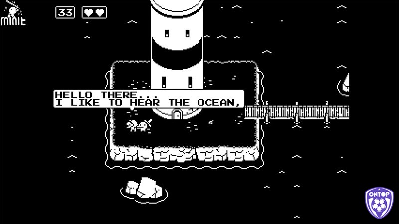Giao diện gameplay trong game Minit với đồ họa pixel đen trắng