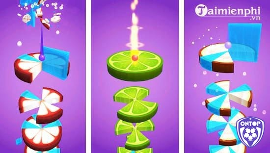 Ảnh minh họa giao diện chính của game Helix Crush với quả bóng đang di chuyển theo trục xoắn ốc đầy màu sắc.