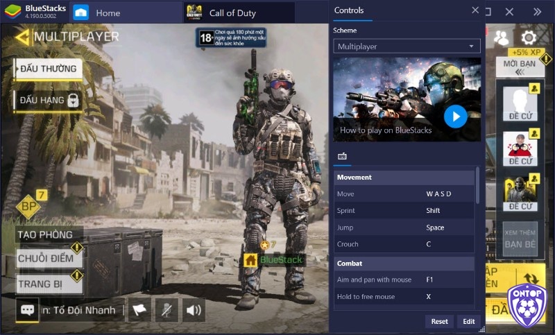Màn hình giả lập GameLoop đang chạy Call of Duty Mobile với bố cục điều khiển bằng bàn phím và chuột.