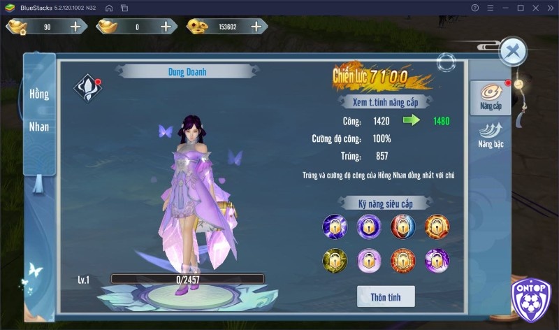 Giao diện tùy chỉnh nhân vật và bảng kỹ năng trong game tiên hiệp