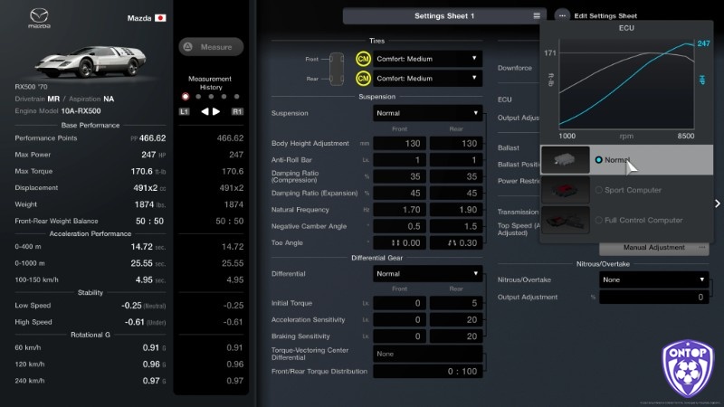Cảnh màn hình tuning với chỉ số PP thay đổi khi người chơi lắp lốp và chỉnh công suất động cơ