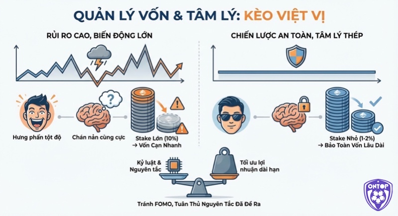 So sánh quản lý vốn và tâm lý cho kèo việt vị: từ rủi ro cao với stake lớn, đến chiến lược an toàn stake nhỏ bảo toàn vốn