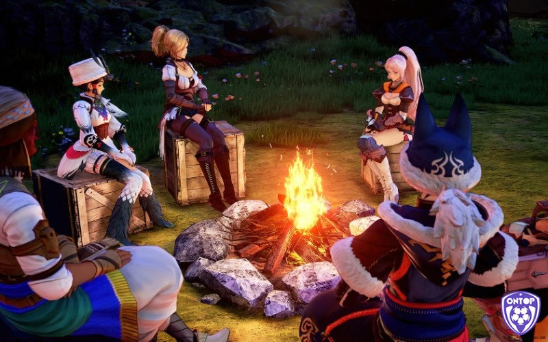 Đội hình chính nghỉ chân bên đống lửa trong Tales of Arise
