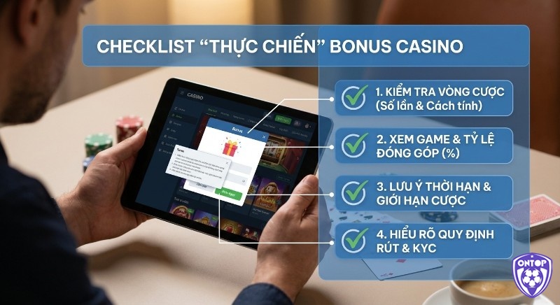 Checklist thực chiến bonus casino 4 bước hướng dẫn kiểm tra vòng cược, game, thời hạn, giới hạn cược và quy định rút & KYC