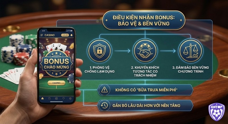 Sơ đồ lý giải điều kiện nhận bonus casino: bảo vệ chống lạm dụng, khuyến khích tương tác có trách nhiệm và đảm bảo bền vững
