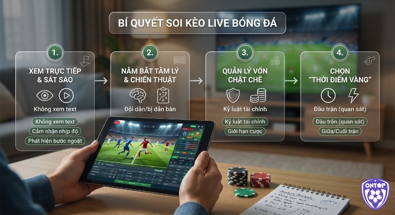 Quy trình 4 bước soi kèo live bóng đá hiệu quả từ cao thủ, gồm xem trực tiếp, nắm bắt tâm lý, quản lý vốn chặt chẽ và chọn thời điểm vàng