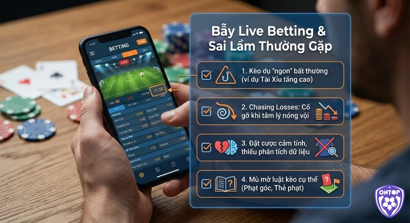 Checklist 4 sai lầm phổ biến trong live betting, chỉ rõ bẫy kèo dụ, chasing losses và đặt cược cảm tính