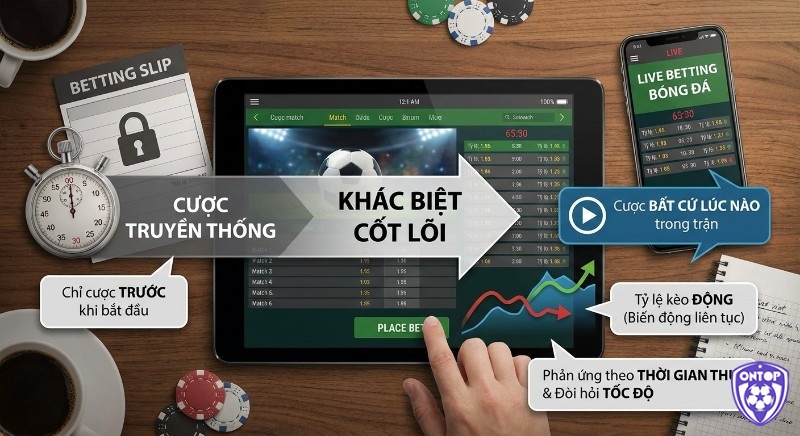 Bảng so sánh khác biệt cốt lõi live betting và cược truyền thống bóng đá, nêu bật kèo động, cược tức thời trong trận trong live betting bóng đá là gì
