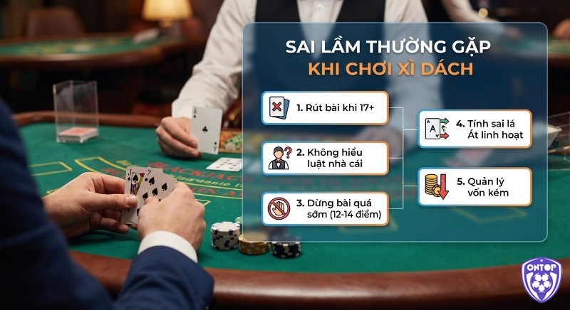 Bảng tổng hợp 5 sai lầm tân thủ thường mắc khi chơi Xì dách, giúp tránh rút bài khi 17+ và quản lý vốn tốt hơn