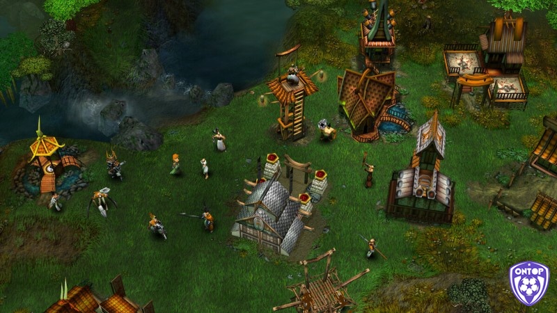 Battle Realms với doanh trại phong cách phương Đông, samurai, cung thủ và bản đồ chiến thuật