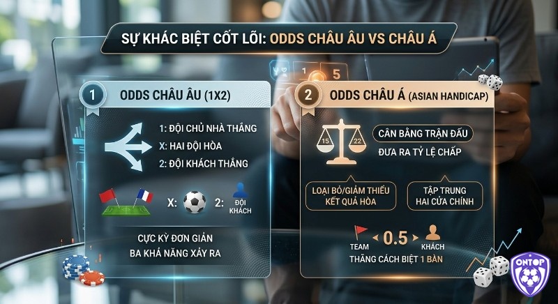 Bảng so sánh khác biệt cốt lõi quy đổi Odds châu Âu sang châu Á (Asian Handicap), giải thích cách cân bằng trận đấu, loại bỏ hòa