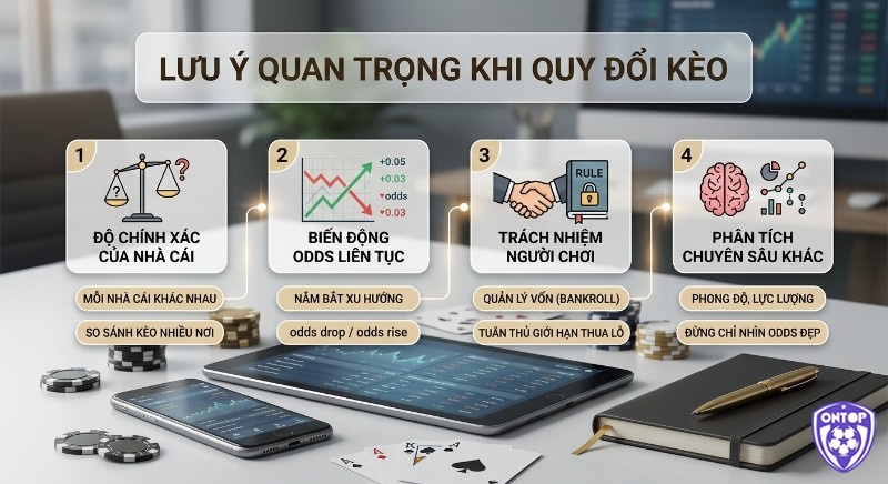 Hướng dẫn 4 bước cần nhớ khi quy đổi kèo: kiểm tra nhà cái, nắm biến động odds, quản lý vốn và phân tích kỹ
