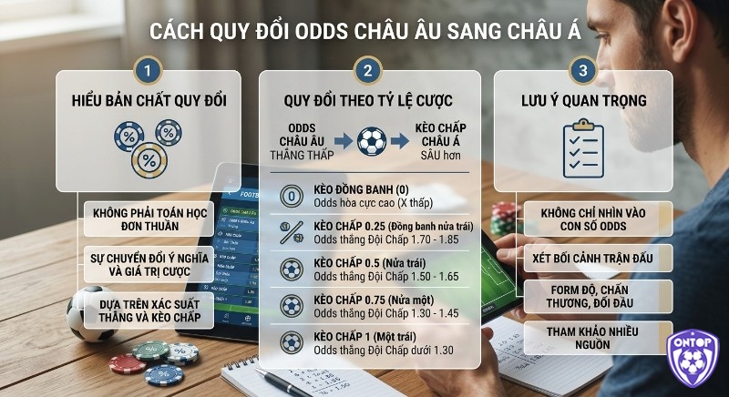 Hướng dẫn 3 bước quy đổi Odds châu Âu sang châu Á chuẩn xác, kèm bảng tỷ lệ kèo chấp và lưu ý quan trọng