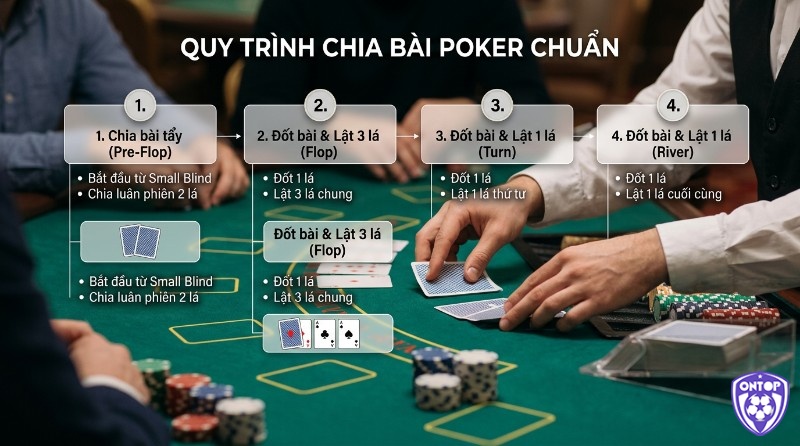 Quy trình cách chia bài Poker chuẩn quốc tế gồm 4 bước: chia 2 lá bài tẩy từ Small Blind, đốt & lật 3 lá Flop, đốt & lật 1 lá Turn, đốt & lật 1 lá River