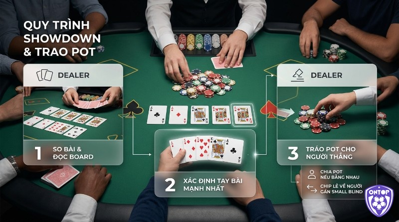 Quy trình Showdown và trao Pot trong cách chia bài Poker: Dealer xác định tay bài mạnh nhất từ tổ hợp 5 lá bài, trao chip cho người thắng