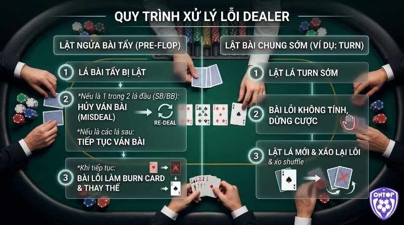 Quy trình xử lý lỗi dealer trong cách chia bài poker: lật ngửa bài tẩy pre-flop có thể hủy ván bài hoặc thay thế, lật bài chung sớm yêu cầu dừng cược, xáo lại bài lỗi