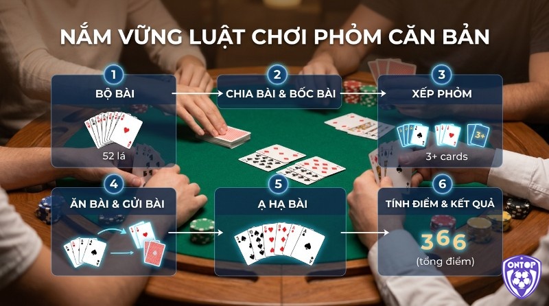 Quy trình cách chơi bài phỏm cơ bản gồm 6 bước: bộ bài 52 lá, chia bài, xếp phỏm, ăn bài, hạ bài và tính điểm 366