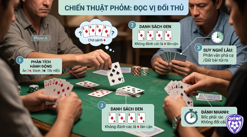 Chiến thuật đọc vị trong Phỏm dựa trên hành vi đối thủ, chẳng hạn Player A ăn 7♦ rồi đánh ra 7♠ có thể cho thấy họ đang hướng đến một sảnh nhất định