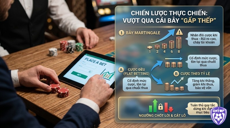 Chiến lược vượt qua bẫy gấp thếp, bằng quản lý vốn bền vững: cược đều, cược theo tỷ lệ, chốt lời/cắt lỗ