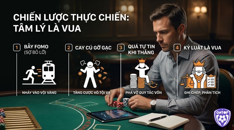 Chiến lược thực chiến về tâm lý trong giao dịch, minh họa 4 bẫy tâm lý (FOMO, cay cú, quá tự tin) và kỷ luật là vua qua ghi chép, phân tích