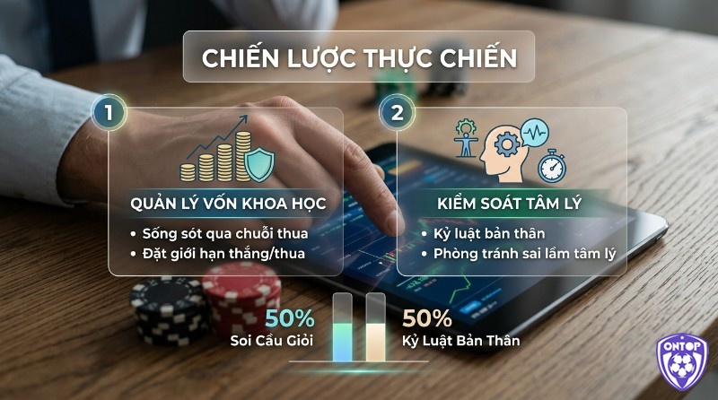 Cách đoán tài xỉu thực chiến, quản lý vốn khoa học và kiểm soát tâm lý, với 50% soi cầu giỏi và 50% kỷ luật bản thân để sống sót qua chuỗi thua và đặt giới hạn thắng/thua