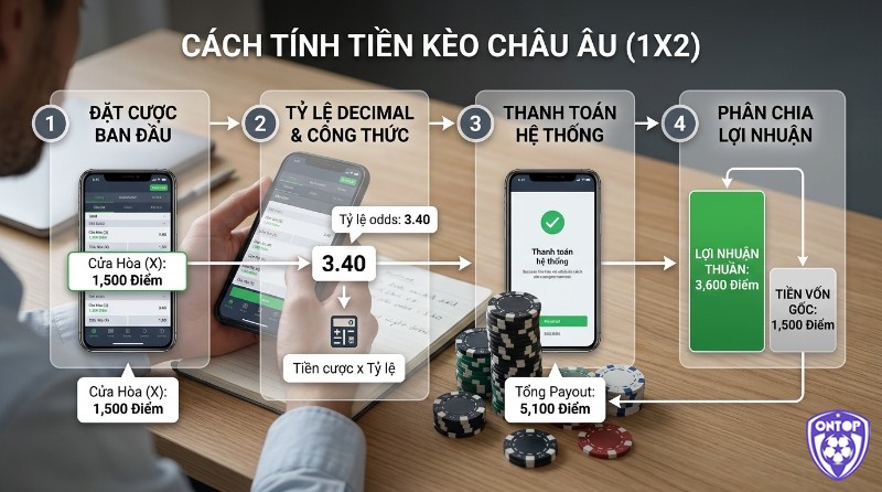 vCách tính tiền kèo Châu Âu (1X2) với ví dụ đặt cược 1,500 điểm cửa Hòa (X) tỷ lệ 3.40, tổng payout 5,100 điểm, lợi nhuận thuần 3,600 điểm