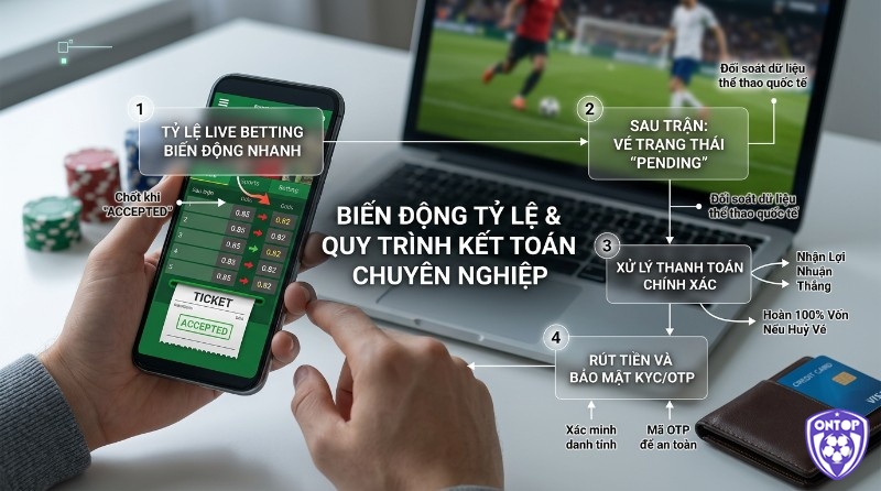 Biến động tỷ lệ và quy trình kết toán chuyên nghiệp: live betting 0.85 xuống 0.82, vé accepted, pending, xử lý thanh toán, rút tiền KYC/OTP
