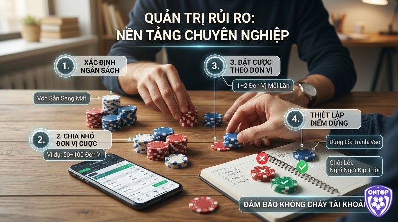 Quản trị rủi ro chuyên nghiệp với 4 bước: xác định ngân sách, chia nhỏ vốn thành 50-100 đơn vị, đặt cược 1-2 đơn vị, thiết lập dừng lỗ và chốt lời, đảm bảo không cháy tài khoản