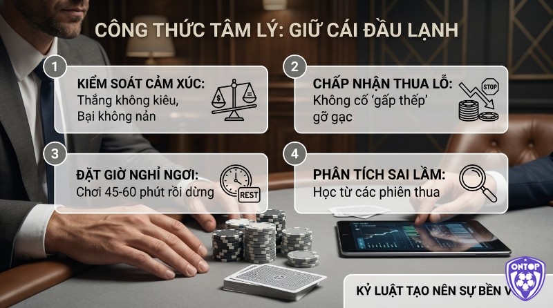 Công thức đánh tài xỉu tâm lý: kiểm soát cảm xúc, chấp nhận thua lỗ, nghỉ ngơi, phân tích sai lầm. Người chơi với chip, bài, tablet biểu đồ. Kỷ luật tạo bền vững