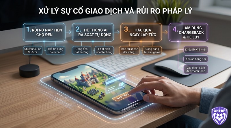 Xử lý rủi ro giao dịch nạp tiền game: chợ đen, thẻ đánh cắp, treo tài khoản, khóa IP, xóa bang hội, danh sách đen
