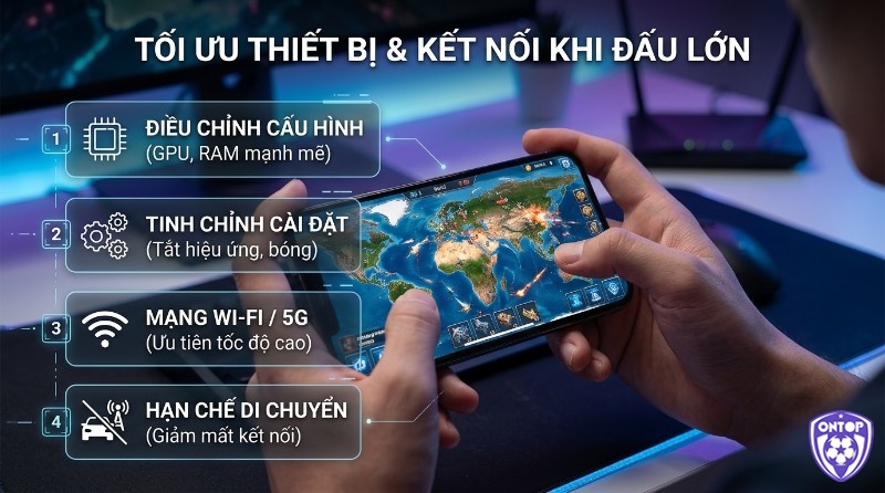 Tối ưu hóa thiết bị và kết nối mạng cho game chiến thuật online mobile: điều chỉnh cấu hình GPU/RAM, tinh chỉnh cài đặt, ưu tiên Wi-Fi/5G, hạn chế di chuyển