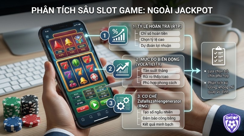 Phân tích sâu slot game đổi thưởng qua RTP, Volatility, RNG để chọn trò chơi phù hợp, hiển thị trên điện thoại với các chỉ số hoàn tiền, tần suất thắng, kết quả minh bạch