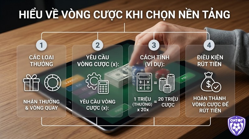 Hướng dẫn hiểu vòng cược khi chọn nền tảng: loại thưởng, yêu cầu (x), tính toán ví dụ 1 triệu thưởng x 20x = 20 triệu cược, và điều kiện rút tiền