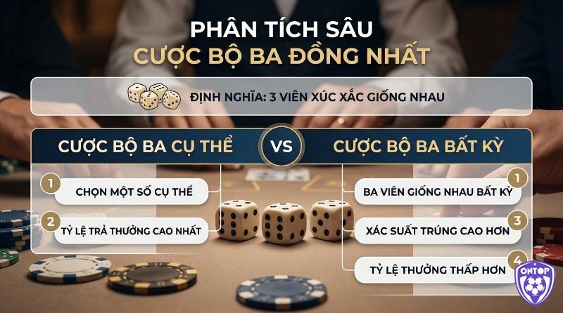 Phân tích cược bộ ba đồng nhất, so sánh cược bộ ba đồng nhất cụ thể (chọn số, trả thưởng cao nhất) và cược bất kỳ (xác suất cao, thưởng thấp) với 3 viên xúc xắc giống nhau