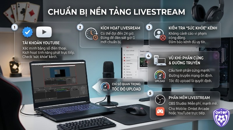 Nền tảng cách livestream game trên YouTube, xác minh tài khoản YouTube, kích hoạt tính năng, kiểm tra sức khỏe kênh, phần cứng, tốc độ upload internet và phần mềm OBS Studio
