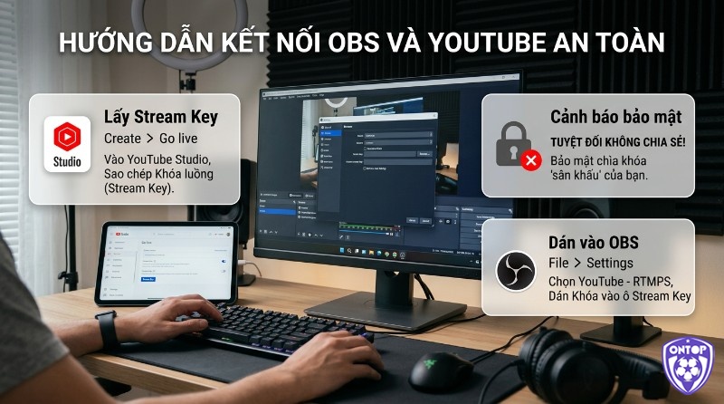 Hướng dẫn kết nối OBS và YouTube an toàn: lấy Stream Key từ YouTube Studio trên tablet, dán vào cài đặt OBS trên PC, kèm cảnh báo bảo mật không chia sẻ