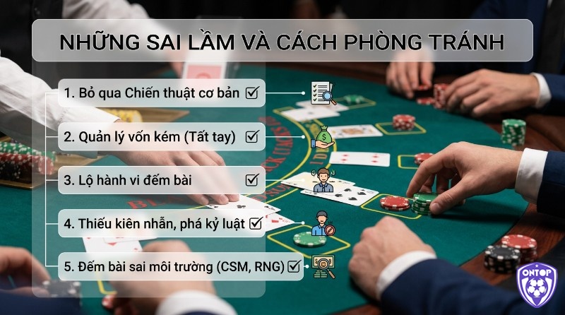 Những sai lầm khi đếm bài: bỏ qua chiến thuật, quản lý vốn kém, lộ hành vi, thiếu kiên nhẫn, sai môi trường