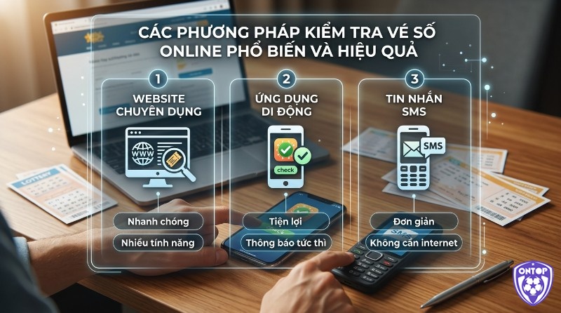 Các phương pháp kiểm tra vé số online: website chuyên dụng (nhanh, nhiều tính năng), ứng dụng di động (tiện lợi, thông báo tức thì), tin nhắn SMS (đơn giản, không cần internet)