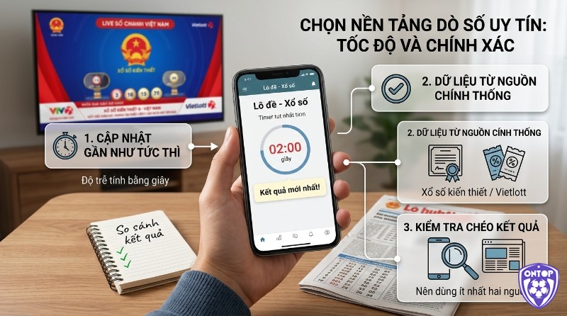 Tiêu chí chọn nền tảng dò số uy tín: cập nhật kết quả tức thì (2 giây), dữ liệu chính thống Xổ số kiến thiết/Vietlott, kiểm tra vé số online chéo nhiều nguồn