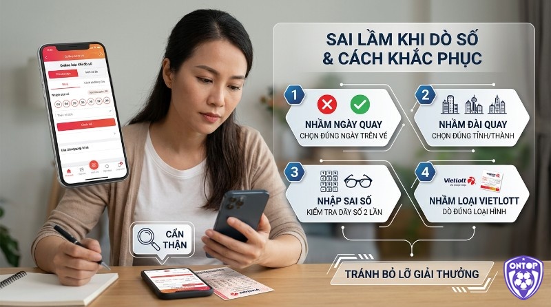 Sai lầm khi kiểm tra vé số online: người phụ nữ kiểm tra vé số trên điện thoại, tránh nhầm ngày, đài, số, loại Vietlott để không bỏ lỡ giải thưởng